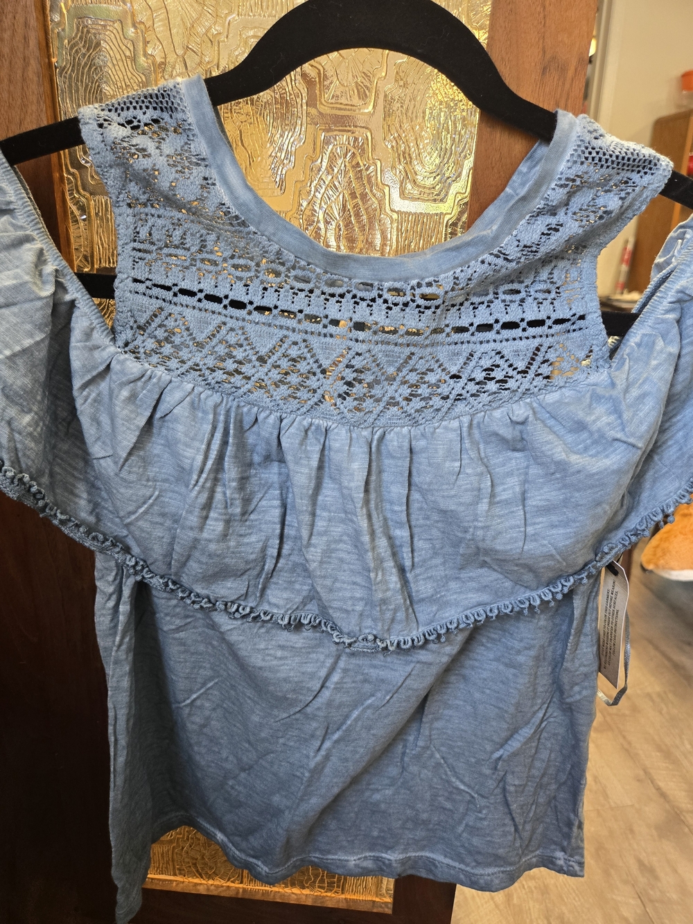 True Craft Light Blue Lace Yoke Off-Shoulder Top